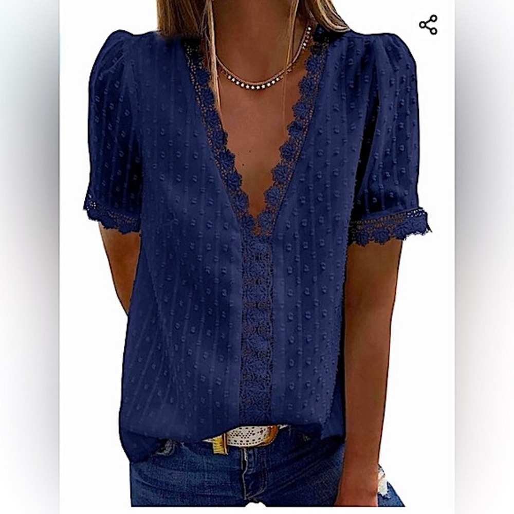 New Women's Navy Lace V-Neck Swiss Dot Blouse